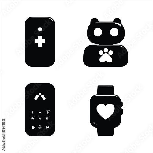 Black and white icons of remote controls, smart watch, and pet feeder vector illustration design set