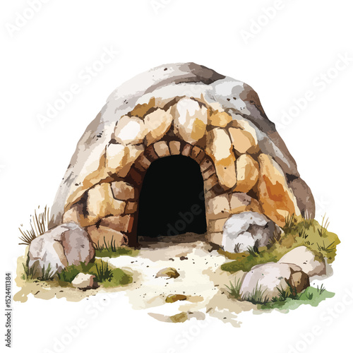 Watercolor Stone Cave Entrance with Dark Interior and Surrounding Vegetation