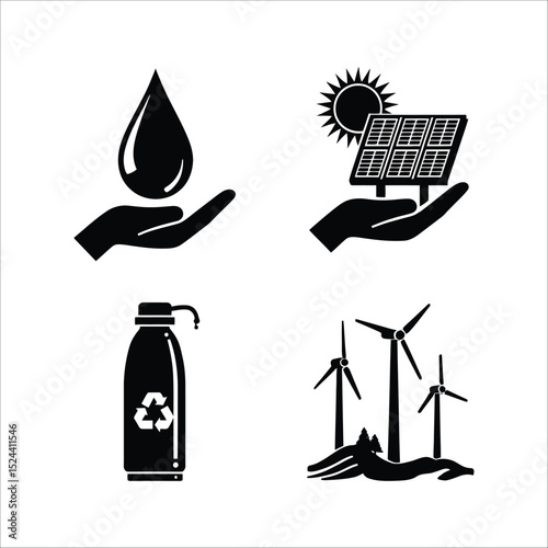 Eco friendly sustainable energy sources renewable resources water solar wind recycle illustration