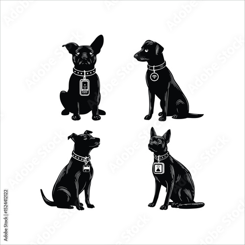 Four black dog breeds with collars and tags vector illustration pet design animal graphic art print