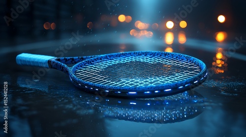 Futuristic tennis racket on reflective surface