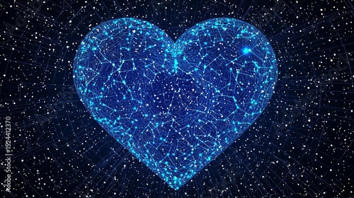 A glowing blue digital heart shape against a starry backdrop, symbolizing love and connection in the universe.