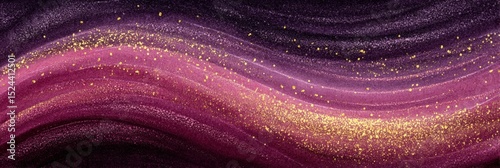 Abstract watercolor illustration featuring flowing waves of purple, pink, and gold hues, creating a vibrant and dynamic visual experience with a sense of movement and elegance