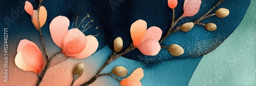 Beautiful watercolor illustration of delicate pink flowers with golden accents on a blue and green textured background, showcasing nature's elegance and artistic expression