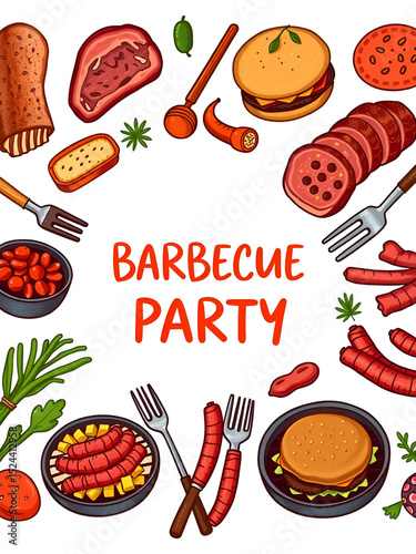 Barbecue party background with meat, burgers, sausages, and barbecue utensils. Collection of 35 bbq colorful elements isolated on white. Hand-drawn vector illustration.