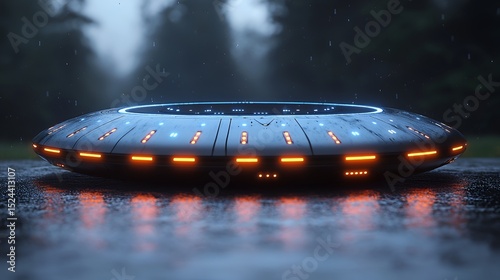 Futuristic UFO Landing in Rainy Forest