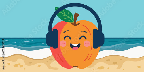 Smiling peach character wearing headphones on beach background  