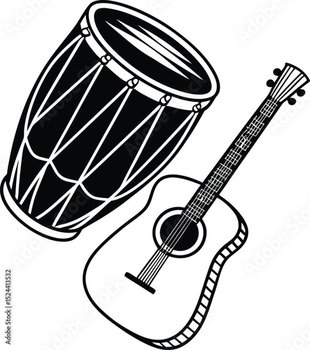 Isolated musical instruments, including drums, on a white background
