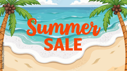 Summer sale banner design with beach and palm trees background  