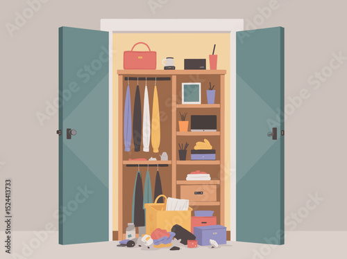 Cluttered wardrobe with open doors showing disorganized items  