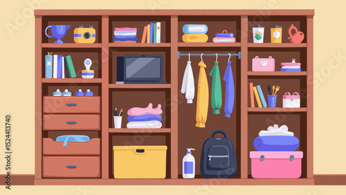 Colorful storage cabinet filled with miscellaneous items and decor  