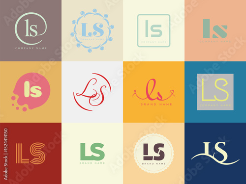 LS logo company template. Letter l and s logotype. Set different classic serif lettering and modern bold text with design elements. Initial font typography.