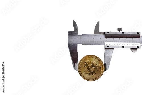 Photos Digital currency physical golden bitcoin coin and vernier caliper