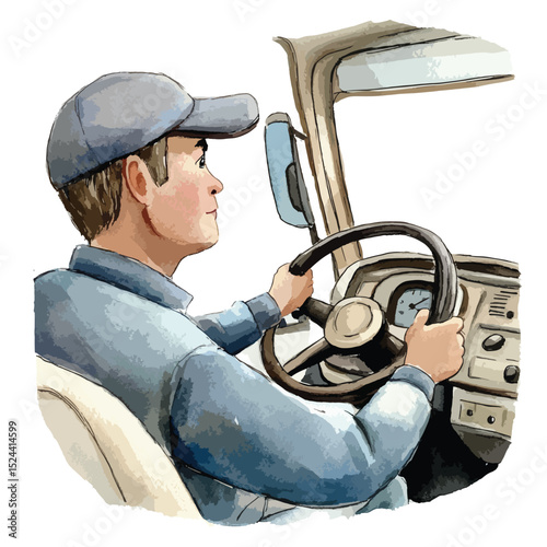 Watercolor style illustration of a man driving a vintage vehicle