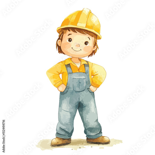Watercolor style illustration of a smiling boy dressed as a construction worker