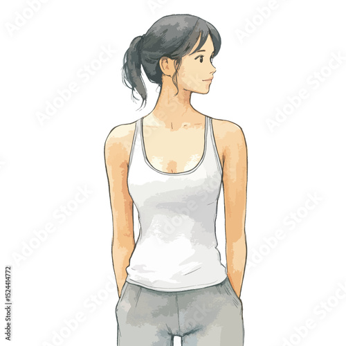 Watercolor style illustration of a woman in a white tank top and gray pants