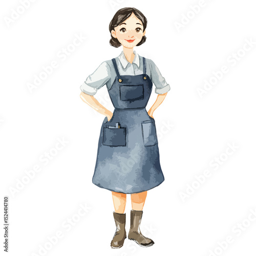 Watercolor style illustration of a woman in overalls and boots
