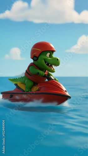 Smiling Dinosaur Wearing Helmet Jet Skiing in Tropical Sea – 4K Animation