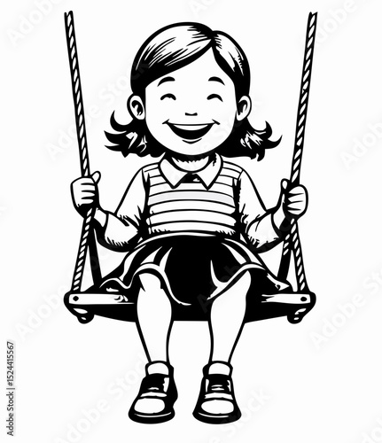 Happy Girl on Swing Set - Black and White Illustration