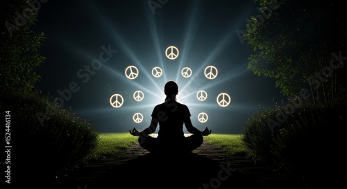 Silhouette of a person meditating surrounded by peace symbols in a serene setting