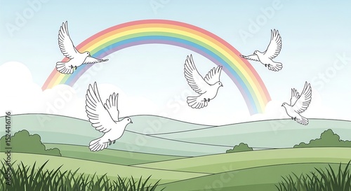 Rainbow arcs over peaceful landscape with flying doves in serene countryside