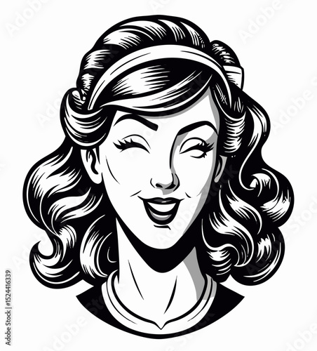 Vintage Woman Winking, Retro Pin-Up Girl Illustration
