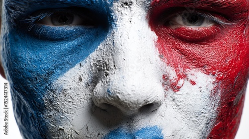Blue white red face paint set creates striking visual effect against plain backdrop