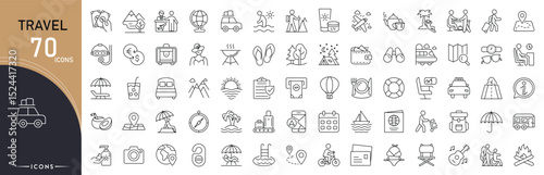 Travel related icon collections. Containing trip, location, passport, airplane, luggage, hotel, journey, map, ticket, and vacation icons. Editable Stroke. Outline icons.
