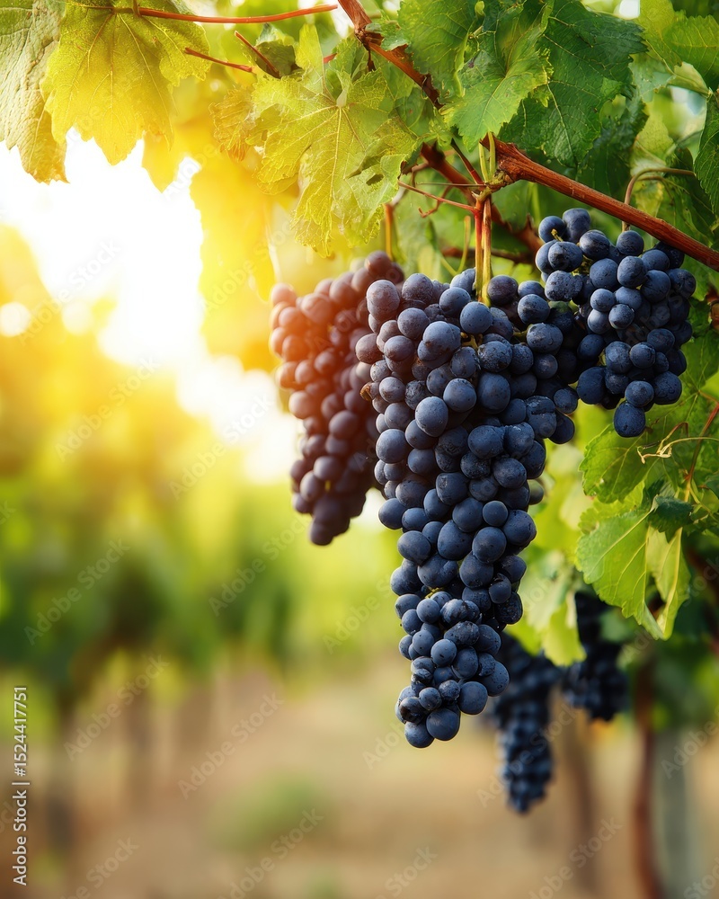 Naklejka premium Ripe purple grapes hang on a vine with green leaves, basking in warm sunlight in a vineyard setting
