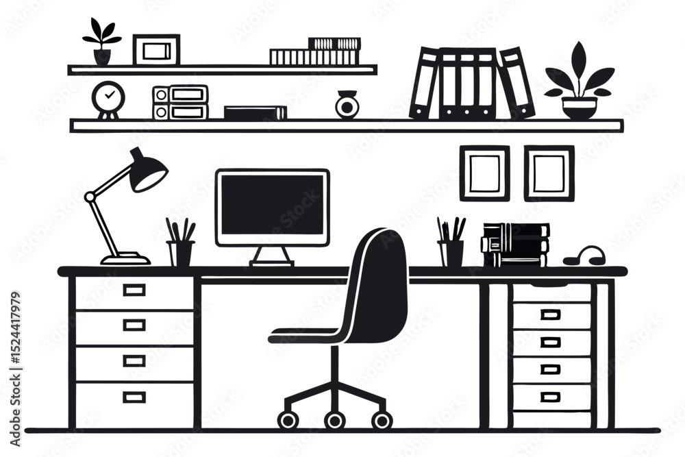 Black and white illustration of a modern office desk and office workspace Black and white illustration of a modern office desk and office workspace