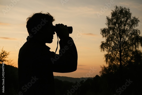 Silhouette of a person observing nature at sunset with binoculars in a serene landscape