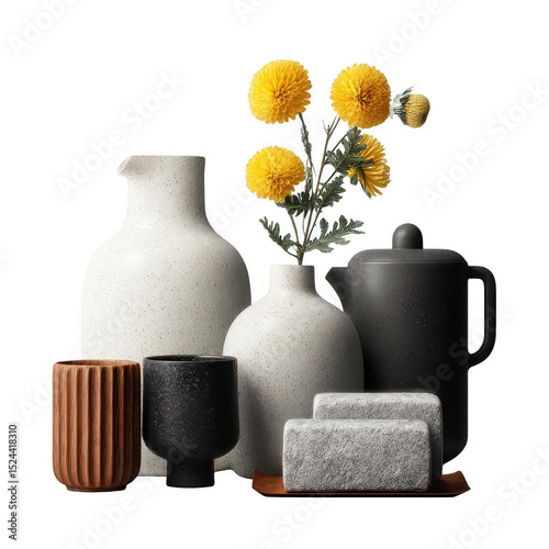 Elegant Display of Modern Vases, Minimalist Tableware, and Yellow Flowers Capturing a Warm, Cozy Atmosphere in Contemporary Home Decor