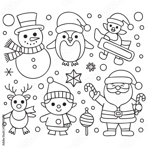 Cute christmas characters coloring page fun winter holidays