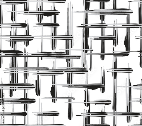 Seamless hand paint ink brush lines abstract imperfect square grid cross over weaving basketry pattern in black and white, Japanese and ethnic block print texture background for textile, carpet