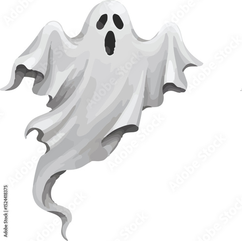 A cartoon ghost with a surprised expression floating on a white background