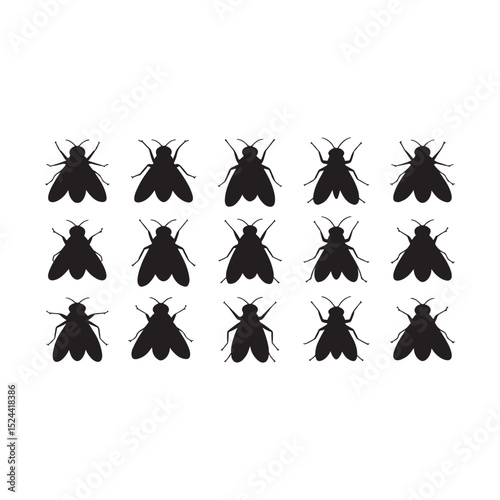 Fifteen black silhouettes of flies on white background
