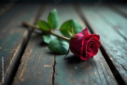 A single, withered red rose lies on aged, cracked wooden floorboards, symbolizing profound loneliness and the fragility of love The image evokes feelings of sorrow and isolation , love, stillness