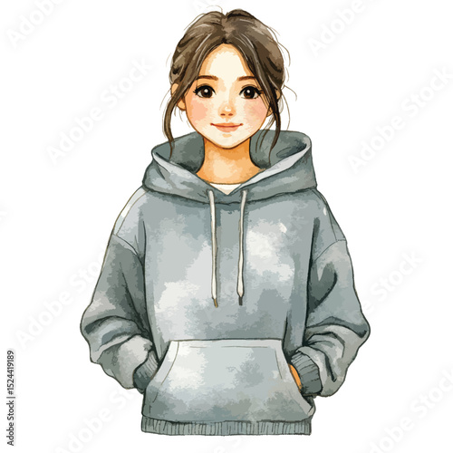 Watercolor style portrait of a young woman in a gray hoodie