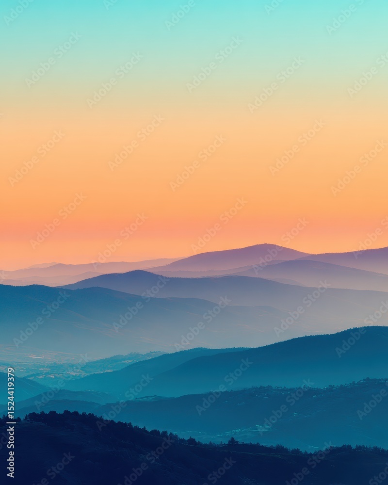 Obraz premium Colorful layers of mountain ranges at sunrise with a vibrant gradient sky, creating a tranquil and scenic natural landscape