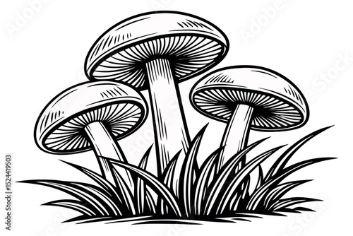 Black and white illustration of three mushrooms growing in fresh grass