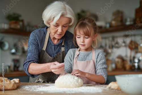 Grandma and Granddaughter Baking: A heartwarming scene of a grandmother and granddaughter working together in the kitchen, carefully kneading dough, sharing a moment of togetherness and baking joy.