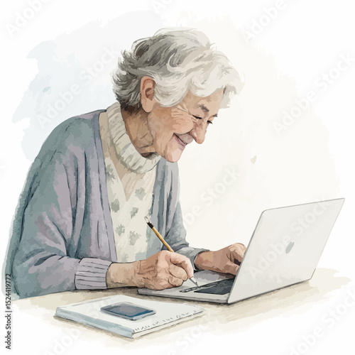 Elderly woman smiling while typing on a laptop with copy space
