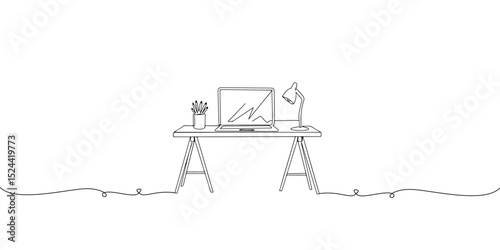 Continuous one line drawing of minimalist work desk with clean lines and laptop, depicting focus and simplicity, line art style vector illustration.