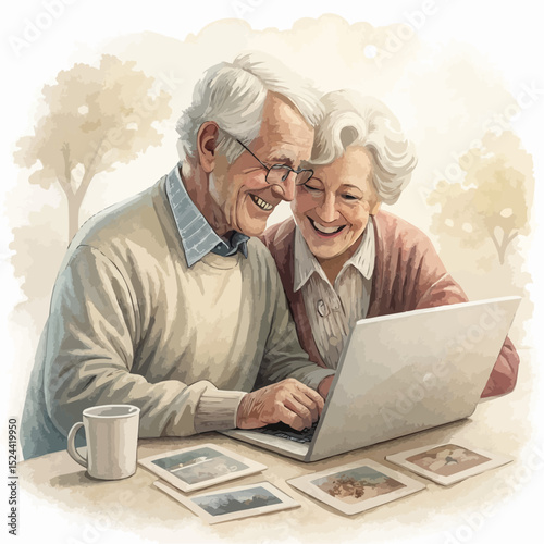  Elderly couple smiling warmly while using a laptop outdoors