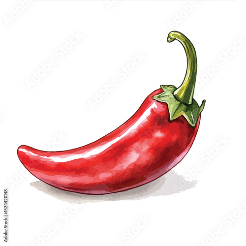 Watercolor style red chili pepper with curved stem and subtle shadow