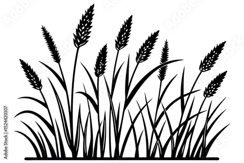 Black and white illustration of wheat stalks and tall grass growing on a white background