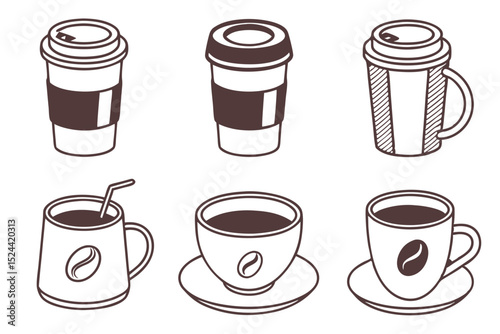 Black and white outlined coffee cup and mug illustrations in minimalist design