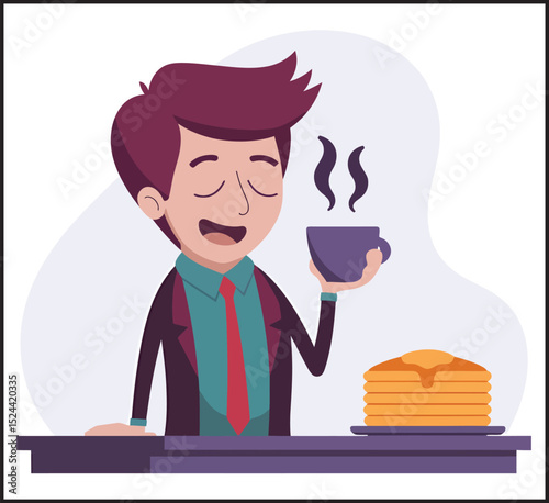 Happy Businessman Enjoying Coffee Break - Morning Office Routine Vector Illustration