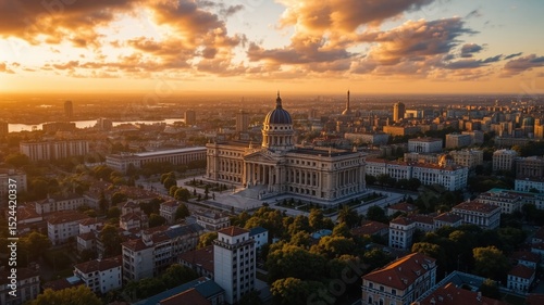 Montevideo's Golden Hour: Aerial View of Homes and the Capitol