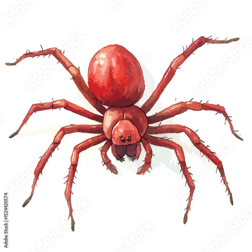 Watercolor Style Red Spider with Hairy Legs and Bulbous Abdomen